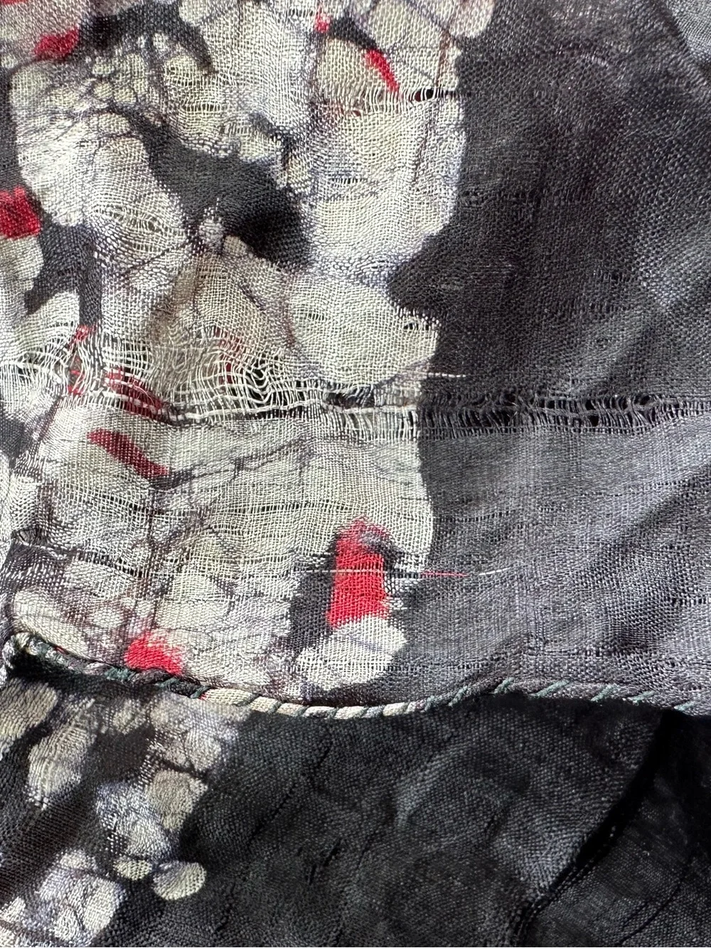 Handwoven Silk Scarf Batik Crackle Print Black Red Boho Indie Sleaze Wrap
